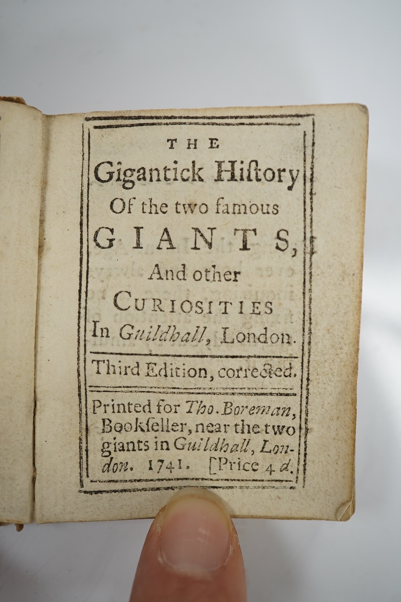 Boreman, Thomas - The Gigantick History of the Two Famous Giants, and other Curiosities in Guildhall, London. 3rd edition, corrected. engraved frontis., head and tailpiece decorations; original Dutch floral patterned boa